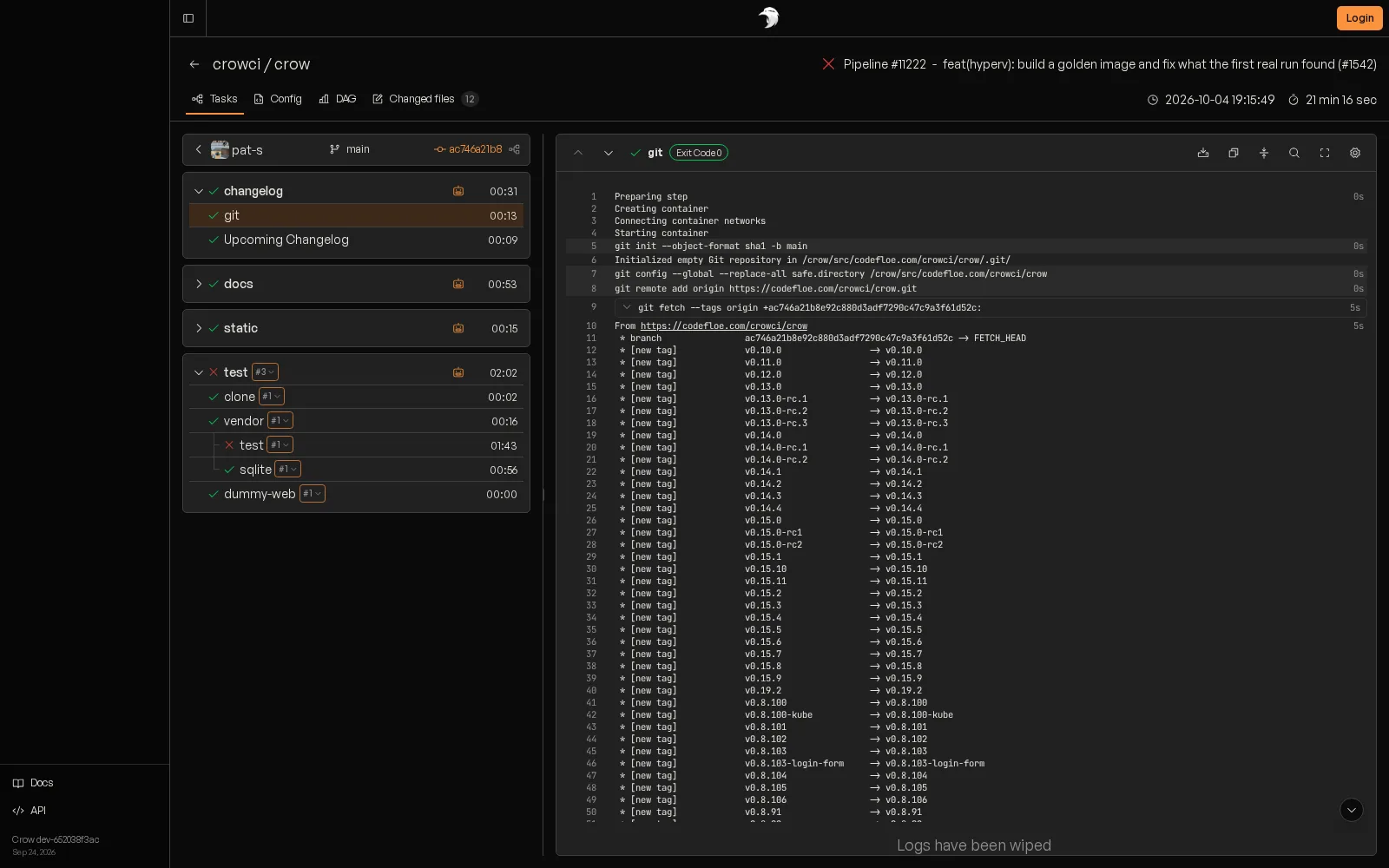 A Crow pipeline with its workflows, steps and live logs