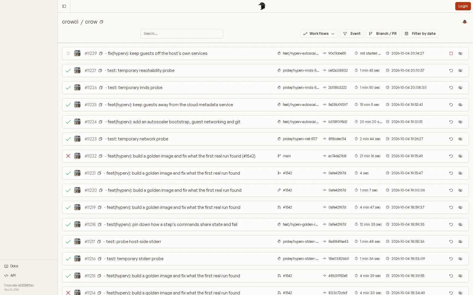 The pipeline list of a repository in Crow